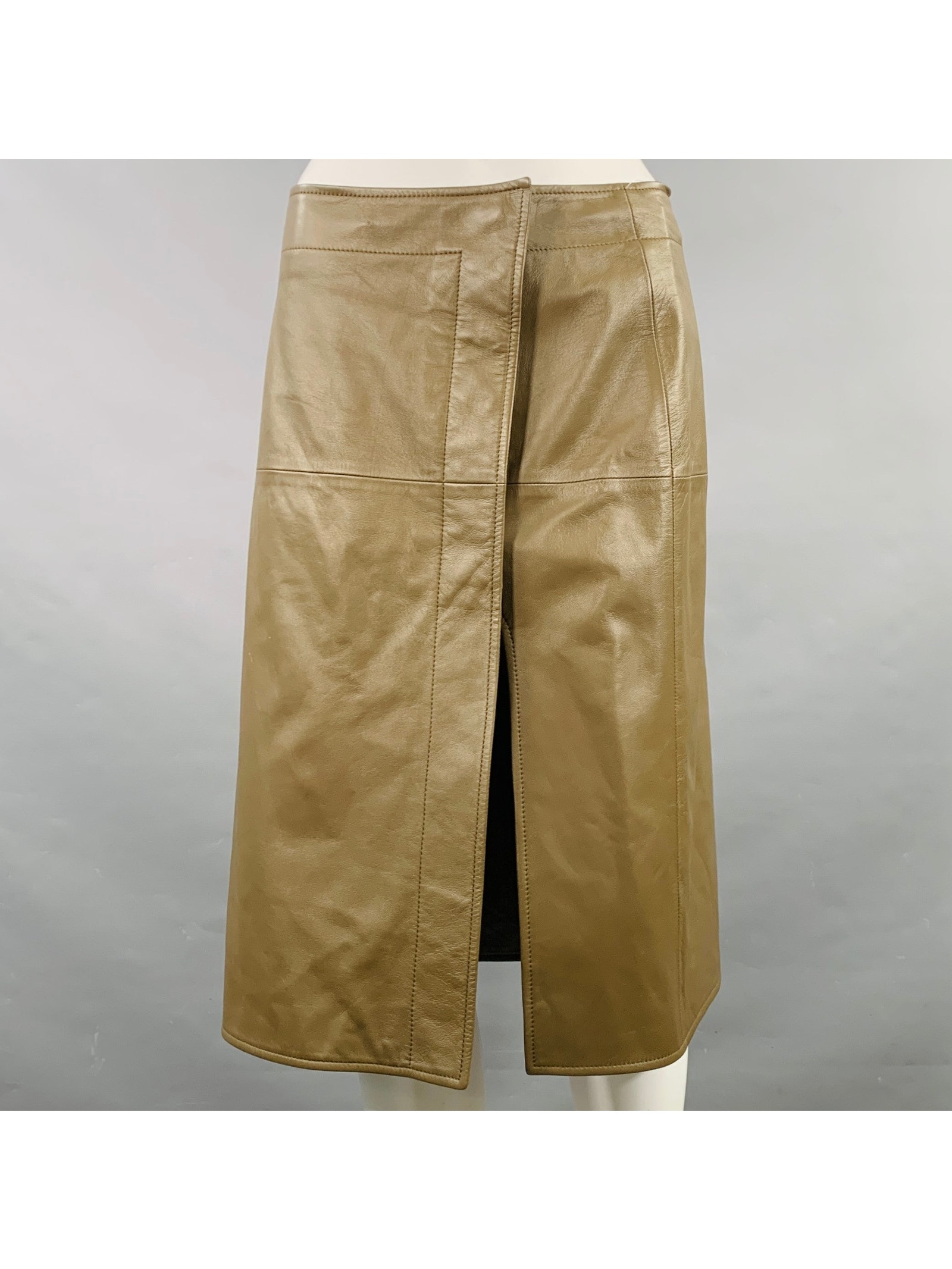 Bottega Veneta Size 2 Green Olive Lambskin Leather Pencil Skirt